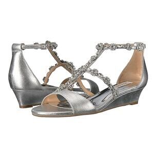 BADGLEY MISCHKA Terry II Wedge Sandals Rhinestone Embellished Silver Womens US 7